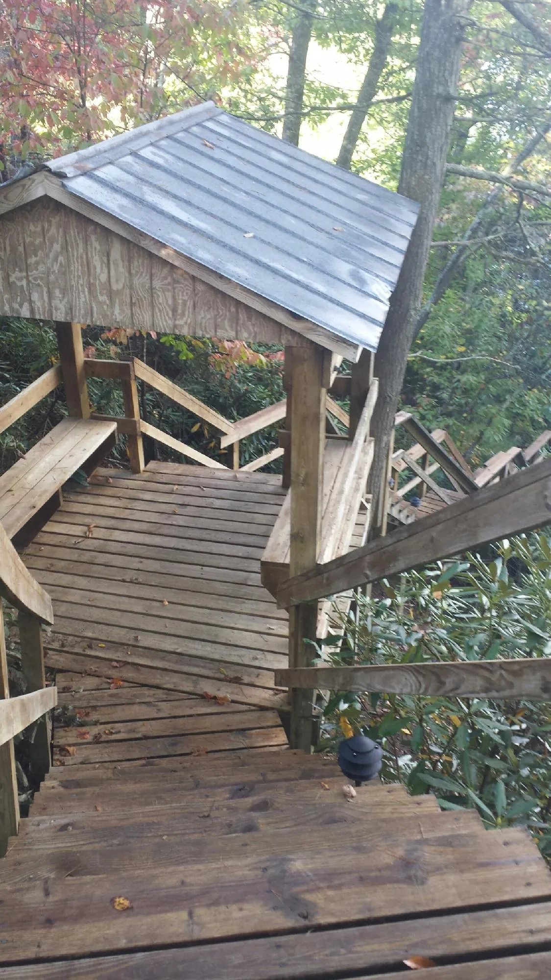 Metal roofed shelter over wooden steps on a wooded walkway — Skylight Repair & Installation work by our crew in Thompson Ridge